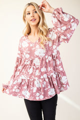 Full Size Tiered Floral V-Neck Long Sleeve Blouse