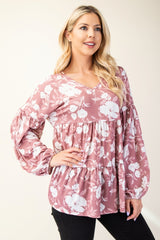 Full Size Tiered Floral V-Neck Long Sleeve Blouse