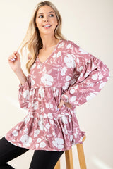 Full Size Tiered Floral V-Neck Long Sleeve Blouse